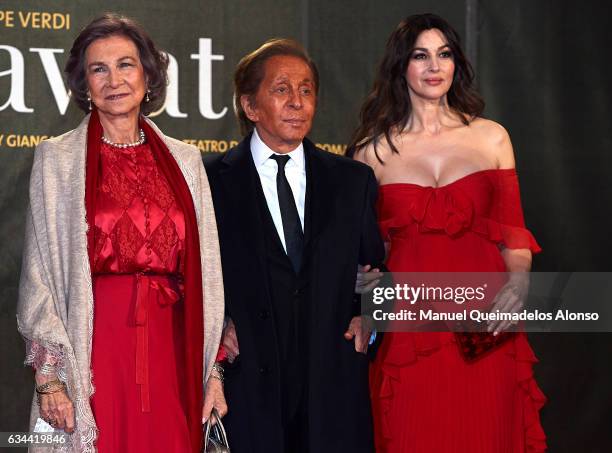 Queen Sofia, Valentino Garavani and Monica Bellucci attend the 'La Traviata' Premiere at Palau de Les Arts Reina Sofia on February 9, 2017 in...