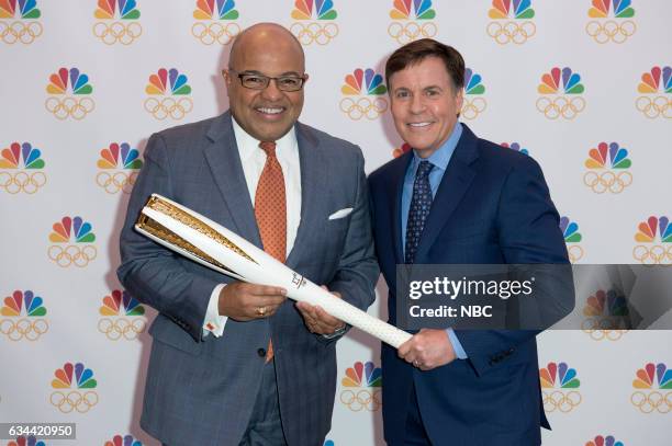 Pictured: Bob Costas , who has served as NBC?s primetime host for a U.S. Record 11 Olympics, passes the Olympic torch to Mike Tirico , who will make...