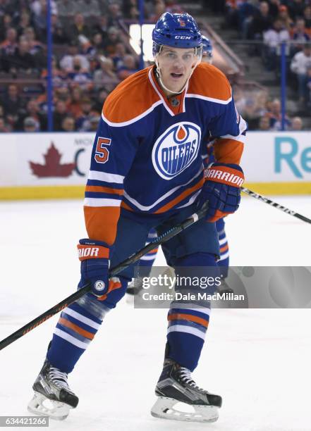 Mark Fayne of the Edmonton Oilers plays inthe game against the Columbus Blue Jackets at Rexall Place on February 2, 2016 in Edmonton, Alberta, Canada.