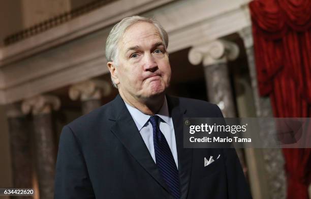 Alabama's new Sen. Luther Strange walks following a mock swearing-in ceremony on Capitol Hill on February 9, 2017 in Washington, DC. Strange replaces...