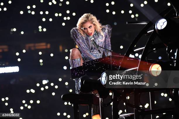 Musician Lady Gaga performs onstage during the Pepsi Zero Sugar Super Bowl LI Halftime Show at NRG Stadium on February 5, 2017 in Houston, Texas.