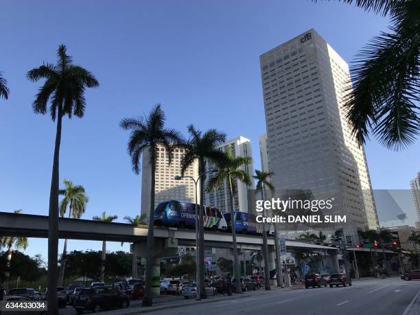 The Miami Metromover is seen running in Downtown Miami on December 29, 2016. This 4.4-mile electrically-powered, fully automated people mover system...