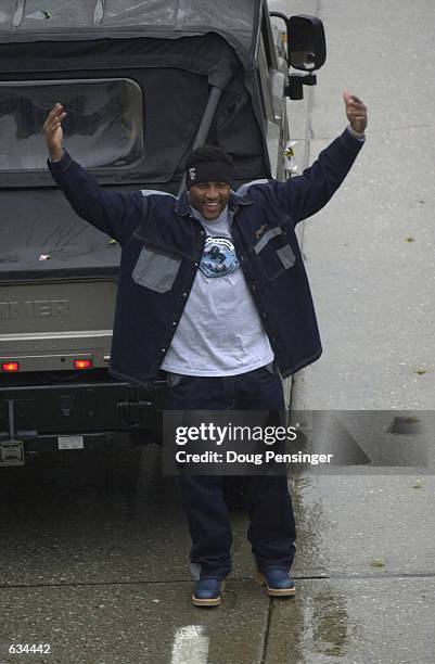 Ray Lewis, Superbowl MVP of the Baltimore Ravens, acknowledges the crowd during the Baltimore Ravens'' victory parade through the rain soaked streets...