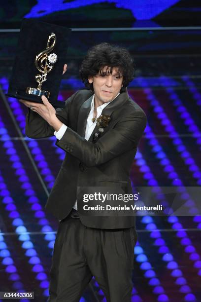Ermal Meta receives the Cover Award 2017 during the third night of the 67th Sanremo Festival 2017 at Teatro Ariston on February 9, 2017 in Sanremo,...