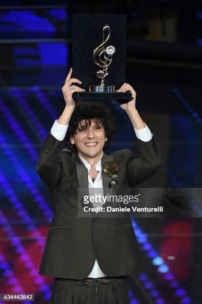 Ermal Meta receives the Cover Award 2017 during the third night of the 67th Sanremo Festival 2017 at Teatro Ariston on February 9, 2017 in Sanremo,...