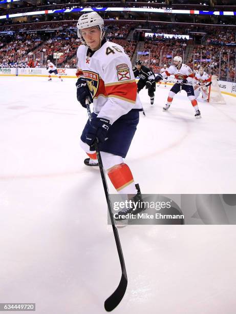 Jakub Kindl of the Florida Panthers carries the puck during a game against the Los Angeles Kings at BB&T Center on February 9, 2017 in Sunrise,...