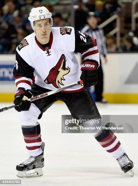 Michael Stone of the Arizona Coyotes plays in the game against the San Jose Sharks at SAP Center on February 13, 2016 in San Jose, California.