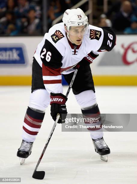 Michael Stone of the Arizona Coyotes plays in the game against the San Jose Sharks at SAP Center on February 13, 2016 in San Jose, California.