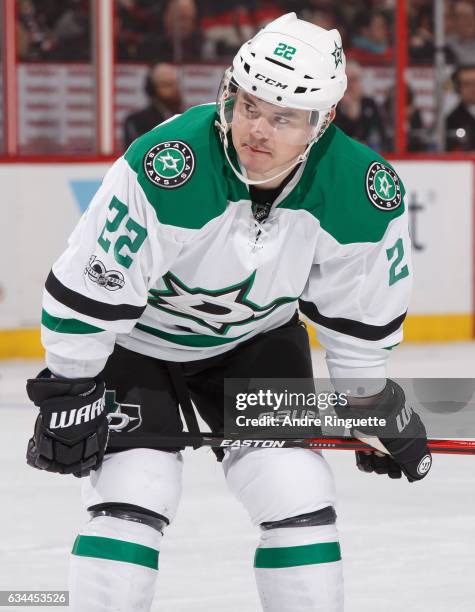 Jiri Hudler of the Dallas Stars prepares for a faceoff against the Ottawa Senators at Canadian Tire Centre on February 9, 2017 in Ottawa, Ontario,...