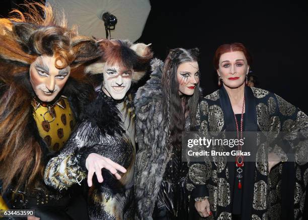 Glenn Close as "Norma Desmond" poses with the cast members of "Cats" and "School of Rock" backstage at the Opening Night of "Sunset Boulevard" on...
