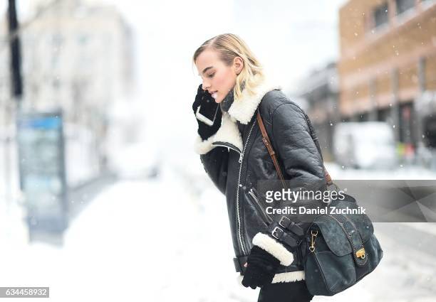 Model Maartje Verhoef is seen wearing a leather coat with fur trim outside of the Brock Collection show during New York Fashion Week: Women's...