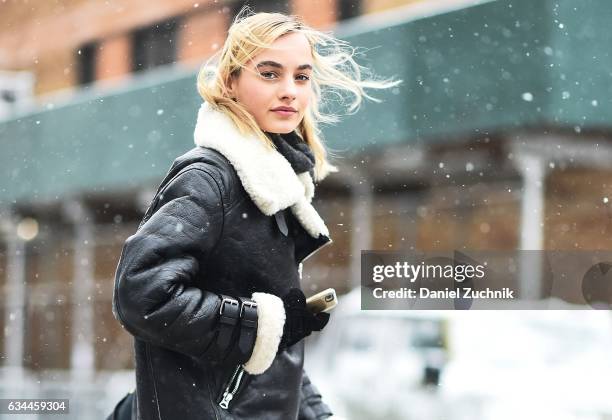 Model Maartje Verhoef is seen wearing a leather coat with fur trim outside of the Brock Collection show during New York Fashion Week: Women's...