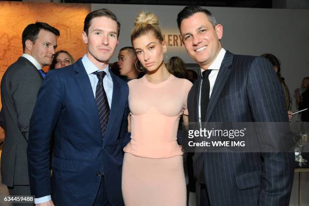 Andrew Nodell, Hailey Baldwin and Martin Drew attend Etihad Airways Toasts New York Fashion Week 2017 at Skylight Clarkson Sq on February 9, 2017 in...