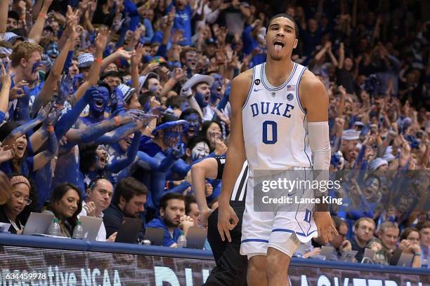 Jayson Tatum of the Duke Blue Devils reacts during a game against the North Carolina Tar Heels at Cameron Indoor Stadium on February 9, 2017 in...