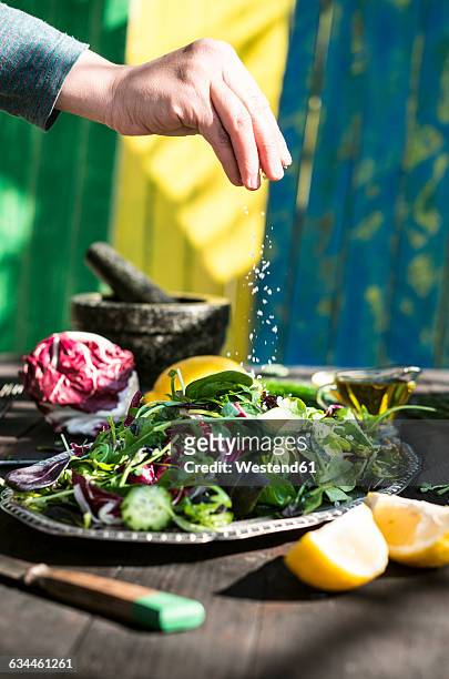 spring salad of baby spinach, herbs, arugula and lettuce, seasoning with salt - strooisels stockfoto's en -beelden