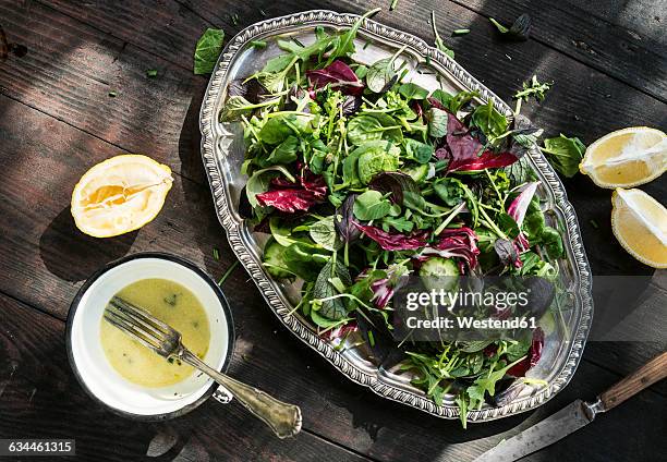 spring salad of baby spinach, herbs, arugula and lettuce, dressing of yogurt, olive oil, honey and lemon - vinaigrette dressing photos et images de collection