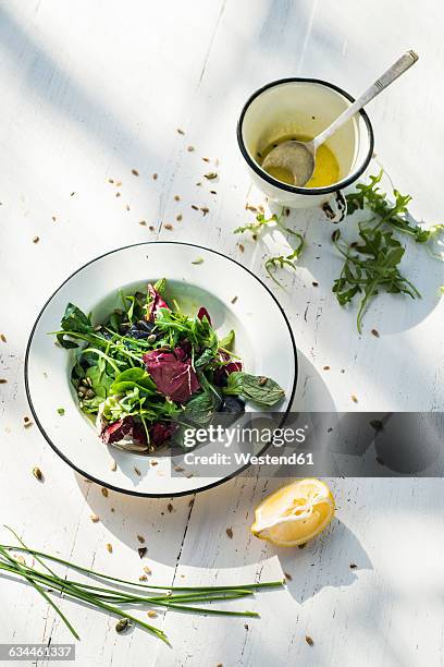 spring salad of baby spinach, herbs, arugula and lettuce, dressing of yogurt, olive oil, honey and lemon - vinaigrette dressing photos et images de collection