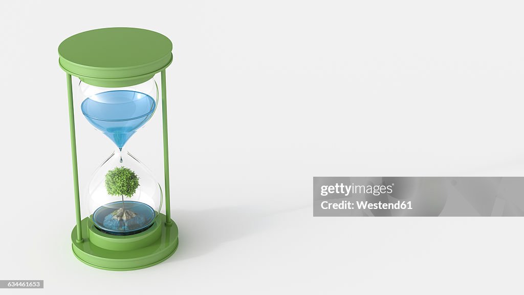 3D Rendering, tree on rock in hourglass with water