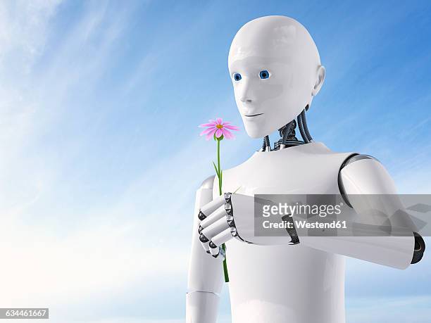 3d rendering, roboter holding flower - roboter stock illustrations