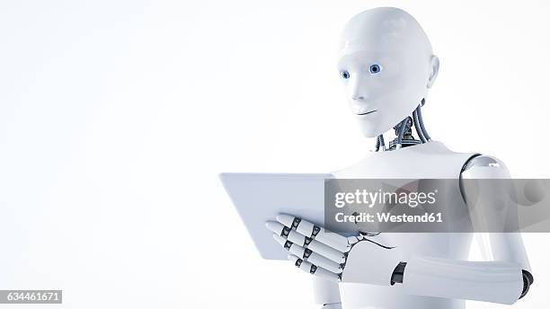 3d rendering, robot holding laptop - artificial intelligence white background stock-grafiken, -clipart, -cartoons und -symbole