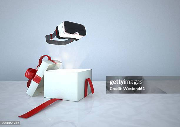 ilustraciones, imágenes clip art, dibujos animados e iconos de stock de virtual reality glasses and opened gift box - caja de regalo