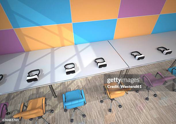 row of virtual reality glasses in a modern presentation room, 3d rendering - virtual studio set stock illustrations