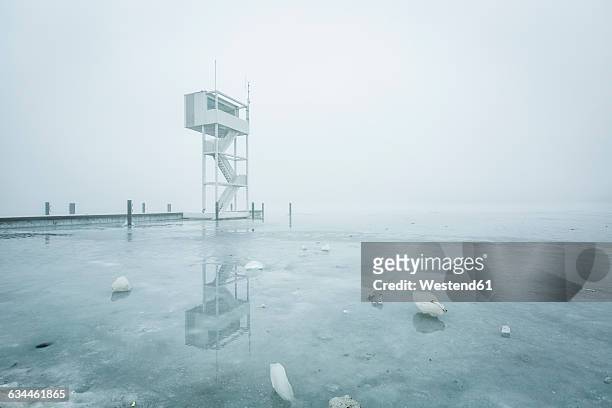 germany, berlin-koepenick, view to frozen mueggelsee with diving tower in the fog - köpenick fotografías e imágenes de stock