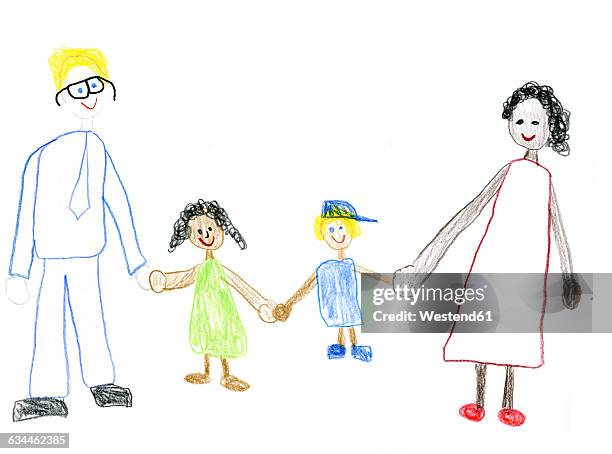 children's drawing of happy mixed-race family - kids drawings stock-grafiken, -clipart, -cartoons und -symbole