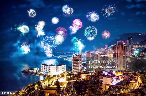 monaco, fireworks above monte carlo at night - montecarlo stock pictures, royalty-free photos & images