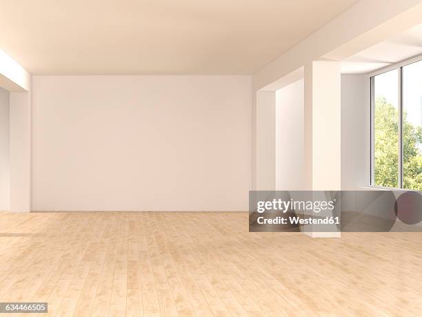 empty spacious room with wooden floor, 3d rendering - holzboden stock-grafiken, -clipart, -cartoons und -symbole