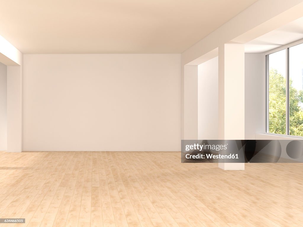 Empty spacious room with wooden floor, 3D Rendering