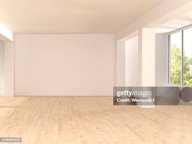 empty spacious room with wooden floor, 3d rendering - loft apartment 幅插畫檔、美工圖案、卡通及圖標