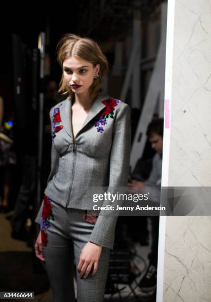 Model prepares backstage during the La Perla show during New York Fashion Week at SIR Stage 37 on February 9, 2017 in New York City.