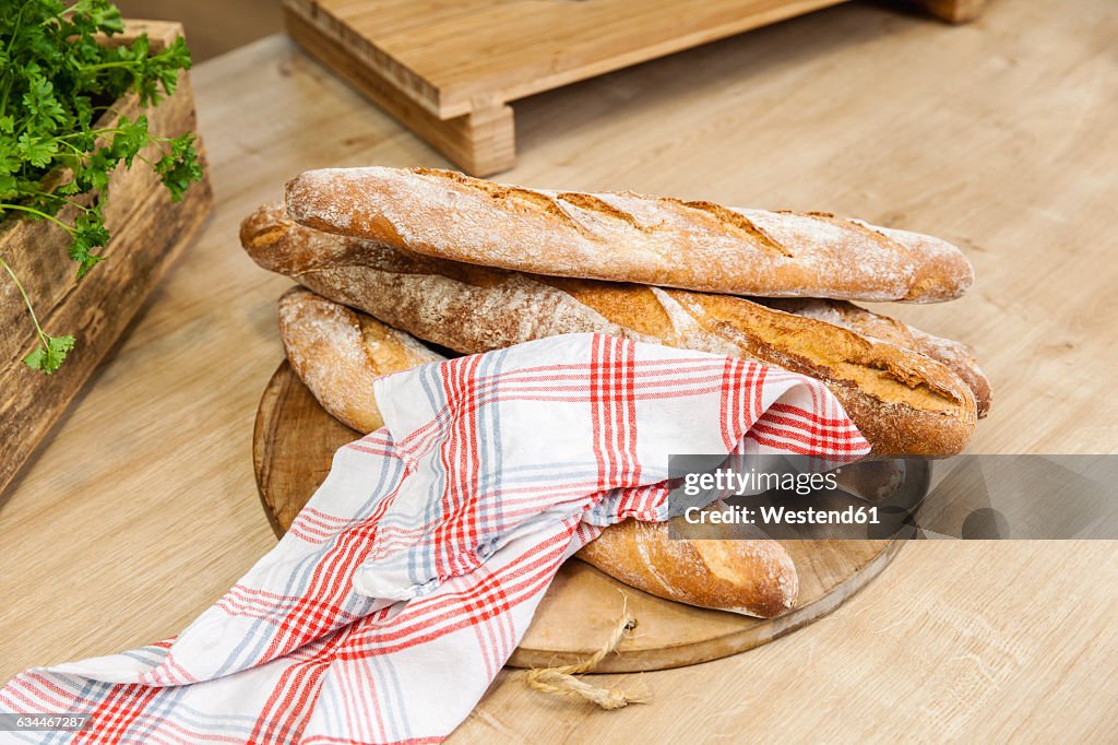 Baguettes on kitchen counter