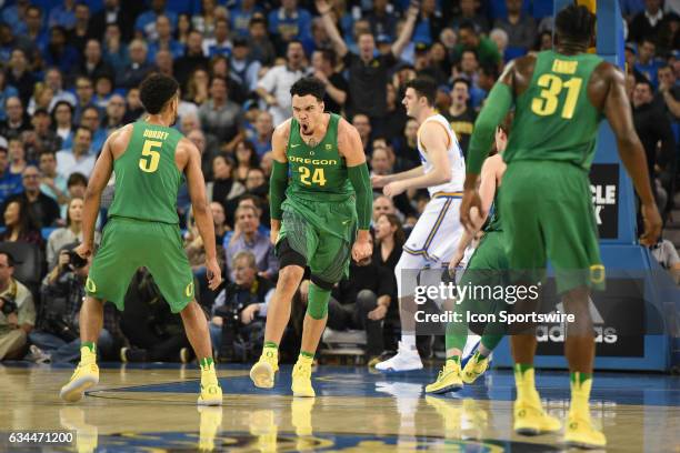 Oregon forward Dillon Brooks reacts to a dunk during an college basketball game between the Oregon Ducks and the UCLA Bruins on February 9 at Pauley...