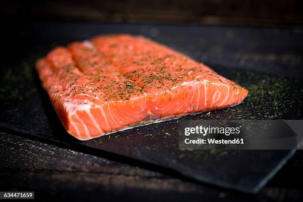 raw salmon fillet on black slate - schist fotografías e imágenes de stock