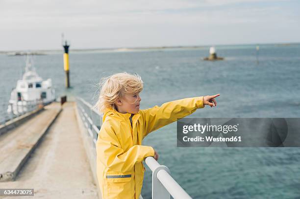 france, brittany, roscoff, boy at the harbor pointing his finger - finistère imagens e fotografias de stock