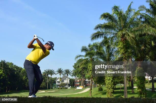 Anirban Lahiri of India plays a shot during Day Two of the Maybank Championship Malaysia at Saujana Golf Club on February 10, 2017 in Kuala Lumpur,...