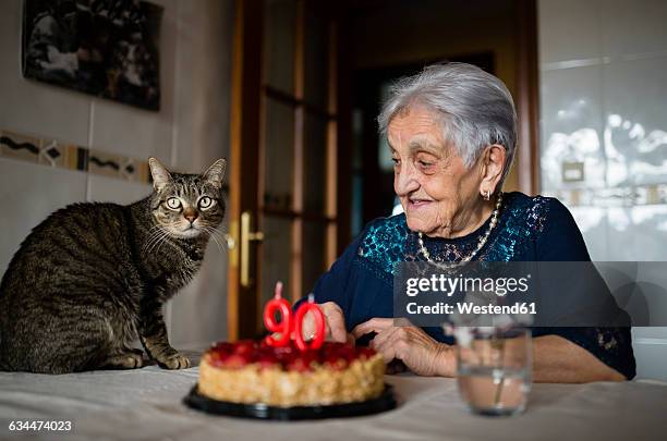 senior woman celebrating ninetieth birthday with her cat - happy birthday cat stock pictures, royalty-free photos & images