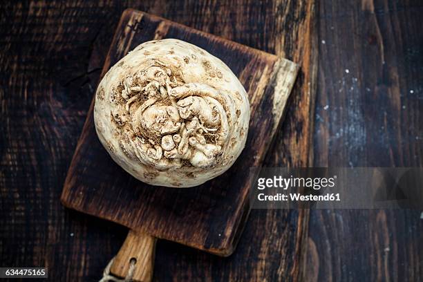 celeriac on wooden chopping board on dark wood - apio nabo fotografías e imágenes de stock