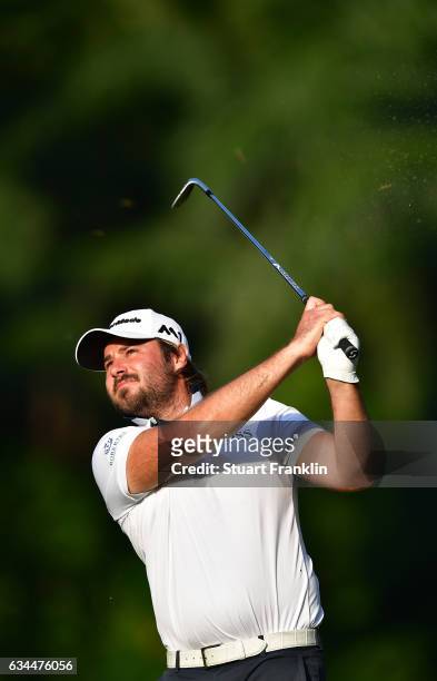 Victor Dubuisson of France plays a shot during Day Two of the Maybank Championship Malaysia at Saujana Golf Club on February 10, 2017 in Kuala...