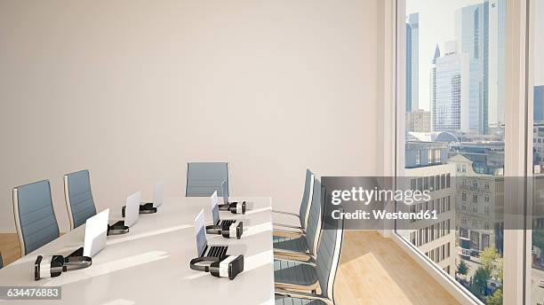 conference table with virtual reality glasses, 3d rendering - conference table top view stock illustrations