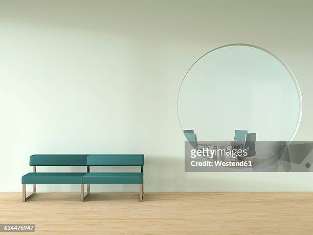 bench standing in front of wall with oculus and view into meeting room - business meeting stock illustrations