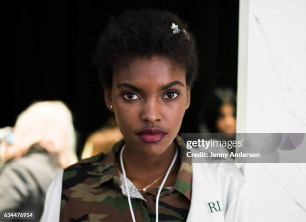 Model prepares backstage during the La Perla show during New York Fashion Week at SIR Stage 37 on February 9, 2017 in New York City.