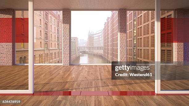 empty room with parquet and glass walls in a brick building, 3d rendering - luxury stock illustrations