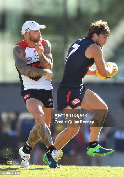 Nathan Jones and Jack Viney of the Demons compete for the ball during the Melbourne Demons AFL Intra-Club match on February 10, 2017 in Melbourne,...