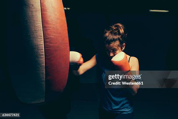 female boxer exercising at punch bag - boxing gym stock pictures, royalty-free photos & images