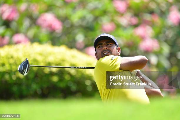 Anirban Lahiri of India plays a shot during Day Two of the Maybank Championship Malaysia at Saujana Golf Club on February 10, 2017 in Kuala Lumpur,...