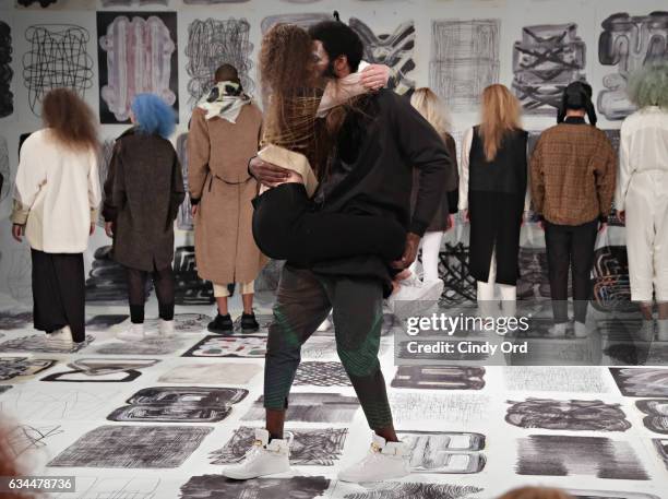 Performers/ models take part in the Berenik Presentation during New York Fashion Week on February 9, 2017 in New York City.