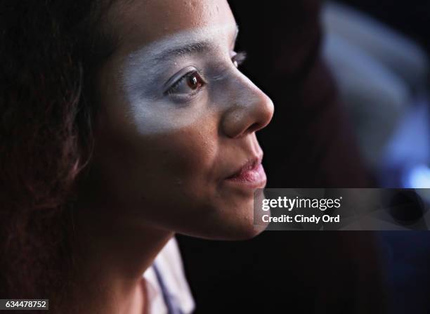 Model prepares backstage at the Berenik Presentation during New York Fashion Week on February 9, 2017 in New York City.